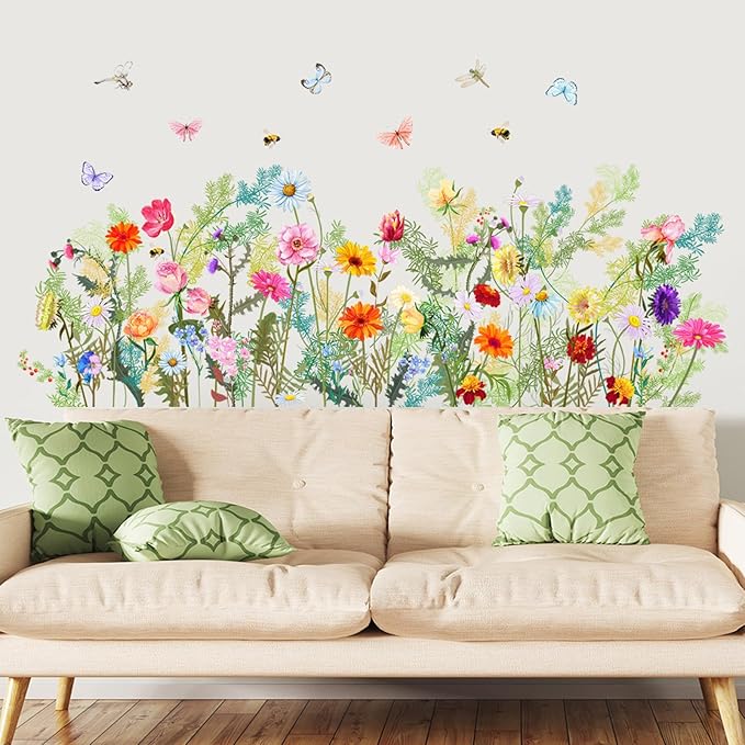 Colorful Flower Wall Decals Butterfly Wildflower Wall Stickers Floral Decor for Girls Bedroom Living Room Bedroom Wall Decor