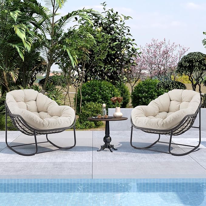 Oversized Outdoor Papasan Rocking Chair Set of 2 with Soft Cushion, Comfy Patio Egg Chair, Wicker Lounge Rocker for Balcony/Porch/Garden, Reinforced All Weather Rattan Frame, Beige