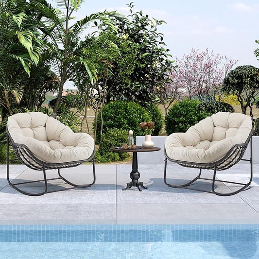 Oversized Outdoor Papasan Rocking Chair Set of 2 with Soft Cushion, Comfy Patio Egg Chair, Wicker Lounge Rocker for Balcony/Porch/Garden, Reinforced All Weather Rattan Frame, Beige