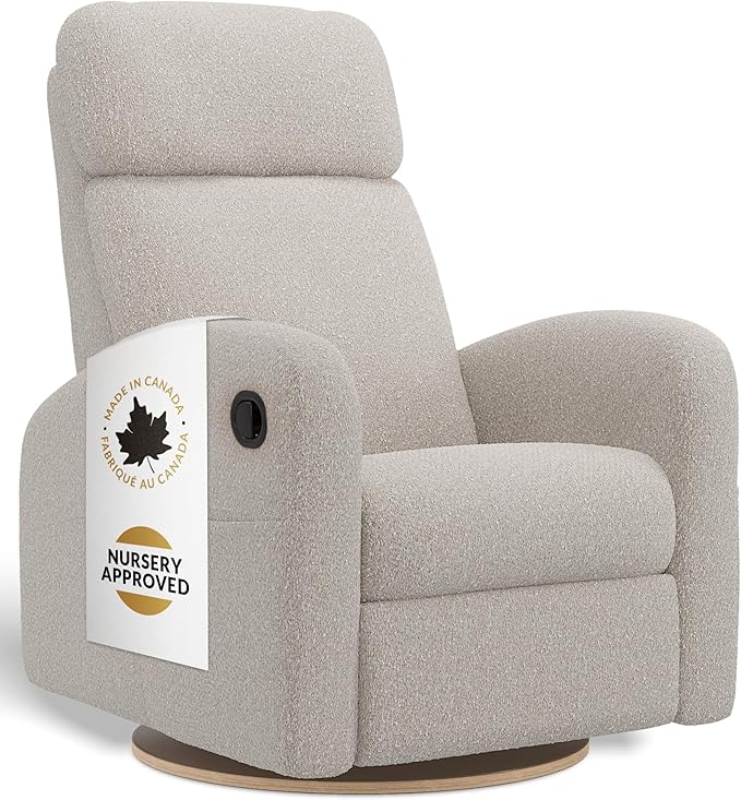 Jaymar Hailey Modern Nursery Glider Recliner Chair (Manual) – Cozy Nursing Chair with 360° Swivel for New Parents, High Back & Low Armrests, Adjustable headrest, Canadian Made (Beyond Sheep Vanilla)