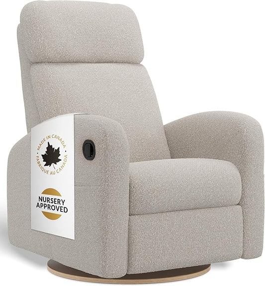 Jaymar Hailey Modern Nursery Glider Recliner Chair (Manual) – Cozy Nursing Chair with 360° Swivel for New Parents, High Back & Low Armrests, Adjustable headrest, Canadian Made (Beyond Sheep Vanilla)
