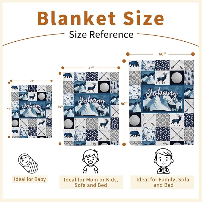 Personalized Baby Blankets for Girls Boys, Custom Blue Deer Baby Blanket with Name for Kids, Flannel Bed Throw Blanket for Newborn, Customized Gifts for Baby Shower Nursery Blanket(60" x80)