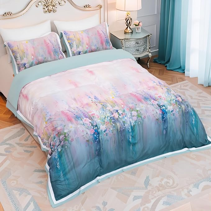 MAGRACE Watercolor Printed Duvet Cover Set Queen Size - Impressionist Floral Bedding in Washed Fiber – Pastel Ombre Garden Print with Corner Ties & Zipper – Soft and Artistic
