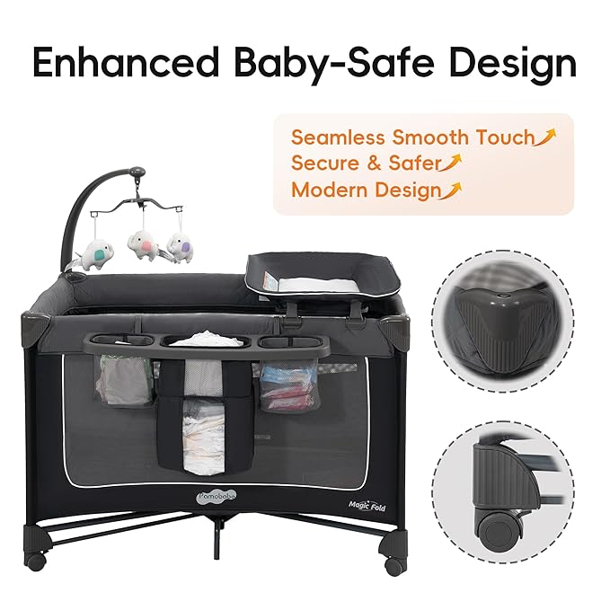 Pamo Babe 1-Second Setup Pack and Play for Babies - Portable Crib with Zip Door & Changing Table
