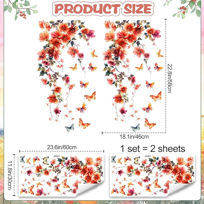 2 Sheets Removable Hanging Red Vine Flowers Wall Decal DIY Colorful Flying Butterfly Wall Decal Self-Adhesive Art Decor for Girls Room Living Room Bedroom Office TV Backdrop Home Decor