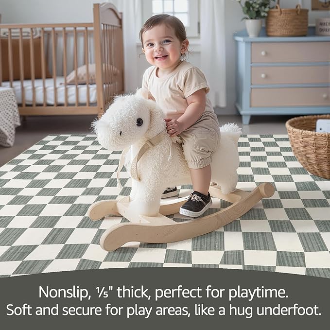 jinchan 8x10 Checkered Area Rugs for Kids Room - Machine Washable Soft Rug Modern Geometric Lattice Non-Slip Carpet for Nursery Playroom Classroom Living Room Bedroom Dining Room Home Office Grey