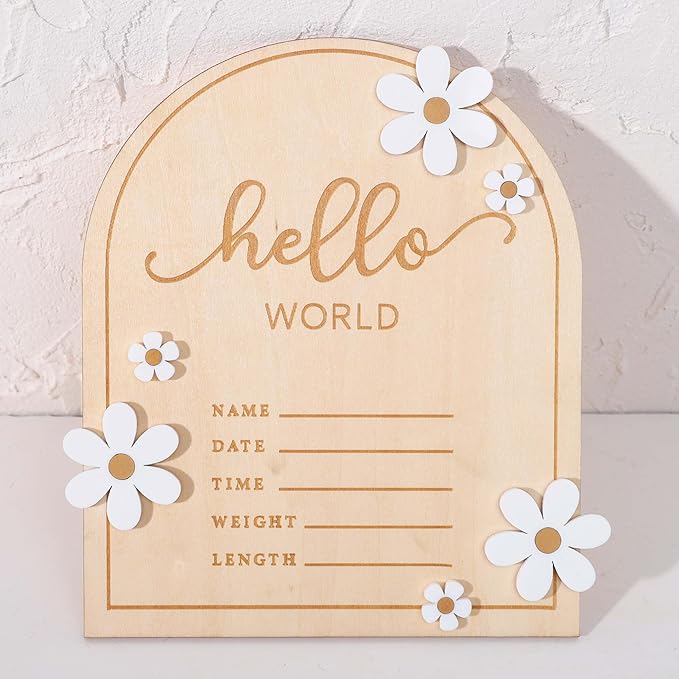 Wooden Hello World for Baby Showers - Newborn Birth Announcement Board,Daisy Wooden Baby Milestone Card,Welcome Baby Shower Gifts,Hello World Hospital Nursery Information Record Board (Hello World)