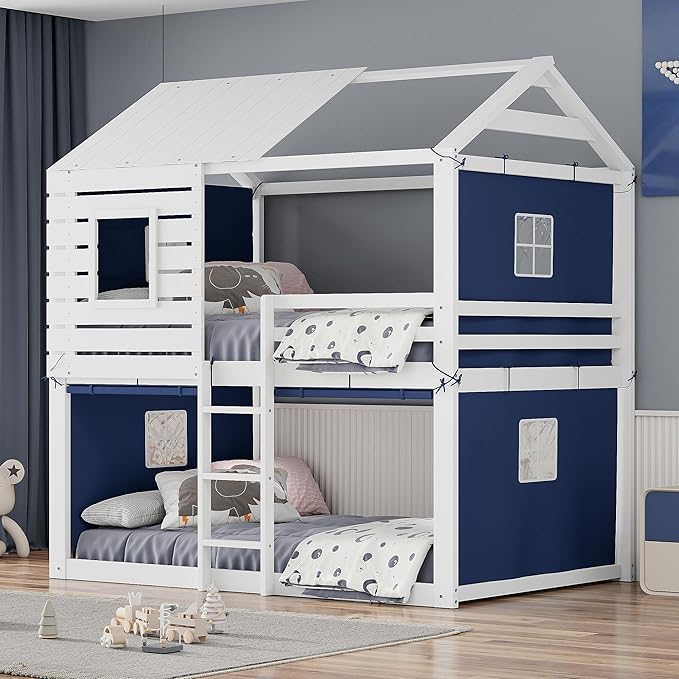 Full Size House Bed Tent Bed with Windows for Kids Teens Boys Girls, Solid Wood Bunk Bed Frame with Guardrails, Versatile Spacious Under Bed Space with Curtains (Blue-Tent Full)