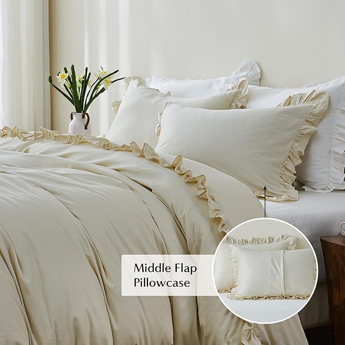 Simple&Opulence Kids 100% Organic Cotton Twin Duvet Cover Ruffle 2Pcs(1 Comforter Cover 1 Pillowcase) Cute Lace Vintage Boho Shabby Chic Farmhouse Bedding Set Teen Girls(Beige, Twin)