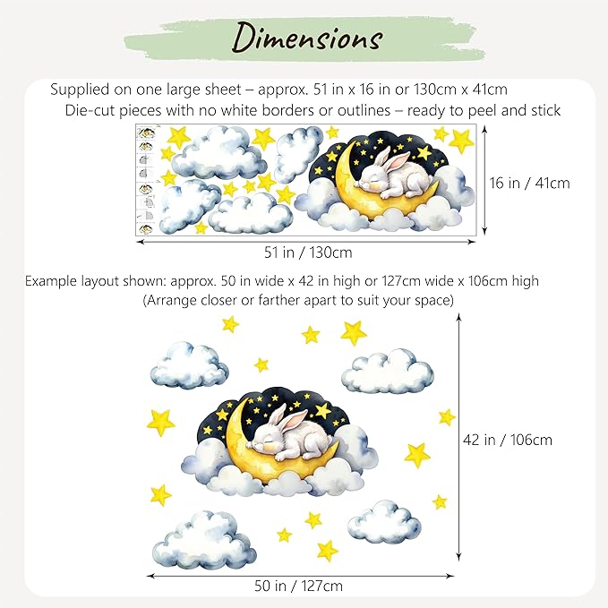 Boho Nursery Wall Decals - Dreamy Watercolor Bunny Sleeping on Cloud | Multi-Piece Set with Clouds, Moon & Stars | Removable Fabric Wall Art for Kids Room