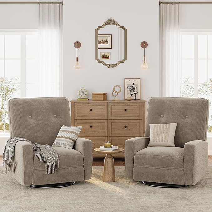 GarveeHome Recliner Chairs, Swivel Rocker Recliner, Glider Recliner Nursery Chair, 360 Swivel Glider Rocking Chair for Living Room, Bedroom, Office, RV, Small Spaces, Corduroy, Khaki