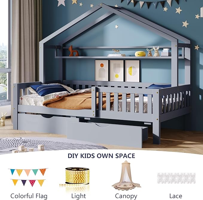 Aoowow Twin Size House Bed with Storage Drawers and Shelf,Kids Wooden Bed Frame Twin Platform Bed with Slats and Fence for Boys Girls Teens for Bedroom(Grey)