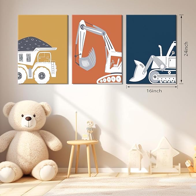 AKWISH Framed Nursery Construction Truck Wall Art Set of 3 – Cute Excavator Tractor Dump Truck Canvas Prints, Boys Bedroom and Baby Room Wall Decor, Playroom Vehicle Artwork – 16x24in