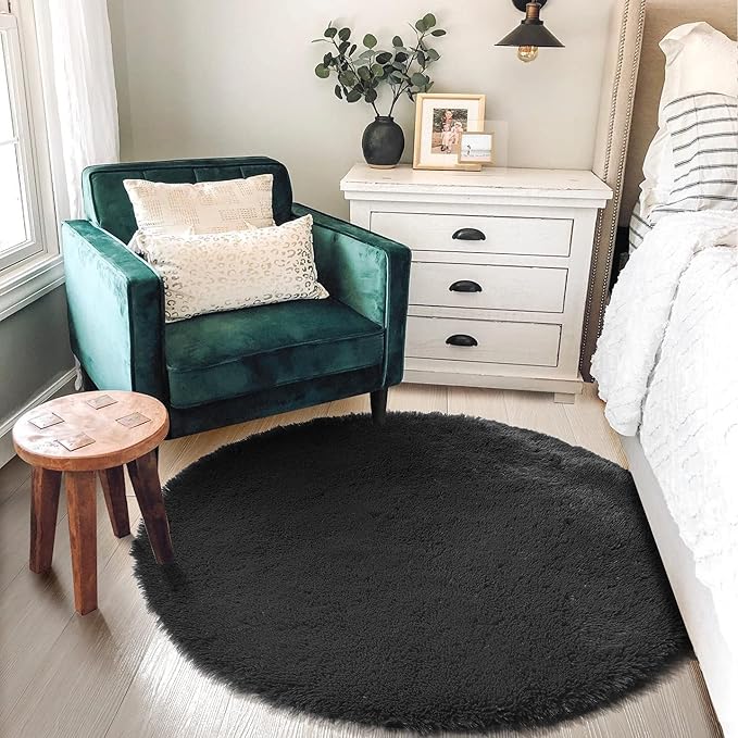 Black Round Rugs 5Ft for Bedroom Aesthetic, Fluffy Plush Circle Area Rugs for Living Room, Fuzzy Modern Cool Throw Carpet for Baby Kids Teen Boys Mens, Office Playroom Nursery Apartment Home Decor