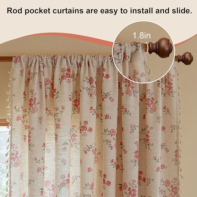 OYX Pink Boho Floral Curtains 84 Inch Long 2 panels, French Vintage Farmhouse Patterned Decor Window Drapes With Tassels, Girls Semi-Sheer Light Filtering For Bedroom Living Room (Rod Pocket, 52Wx84L)