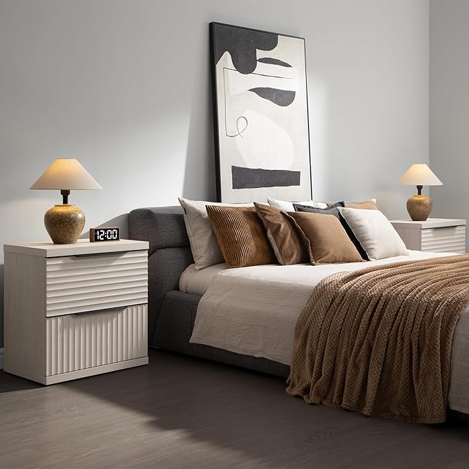 SICOTAS Fluted Night Stand - Modern 22 Inch Nightstand with 2 Storage Drawers, Fluted Bedside Tables for Bedroom, Tall Nightstands Mid Century Modern Bed Side End Table, White Alder