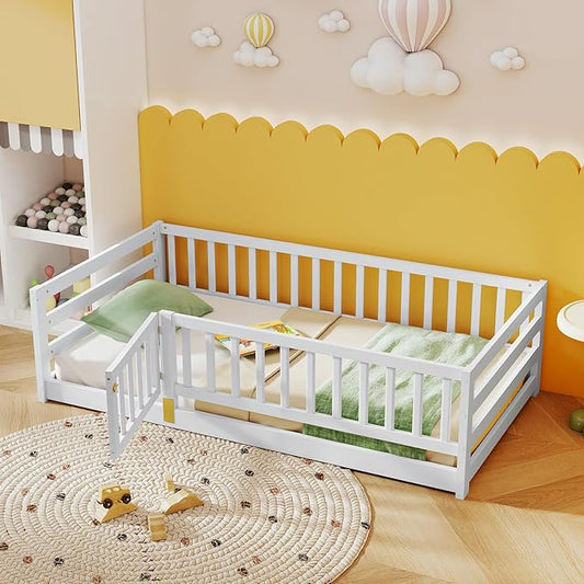 KOMFOTT Twin Size Wood Floor Bed with Door & 21.5” Fence, Montessori Bed Frame with Full Length Safety Guardrails, Door & Latch, Wooden Montessori Floor Bed for Kids, Girls, Boys