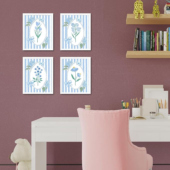 JINYO Blue Coquette Bow Floral Wall Art Prints Set of 4, Preppy Room Decor, Cottagecore Blue Wildflowers Hydrangea Botanical Posters Pictures Wall Decor for Girls Bedroom Home Dorm, 8x10 Unframed