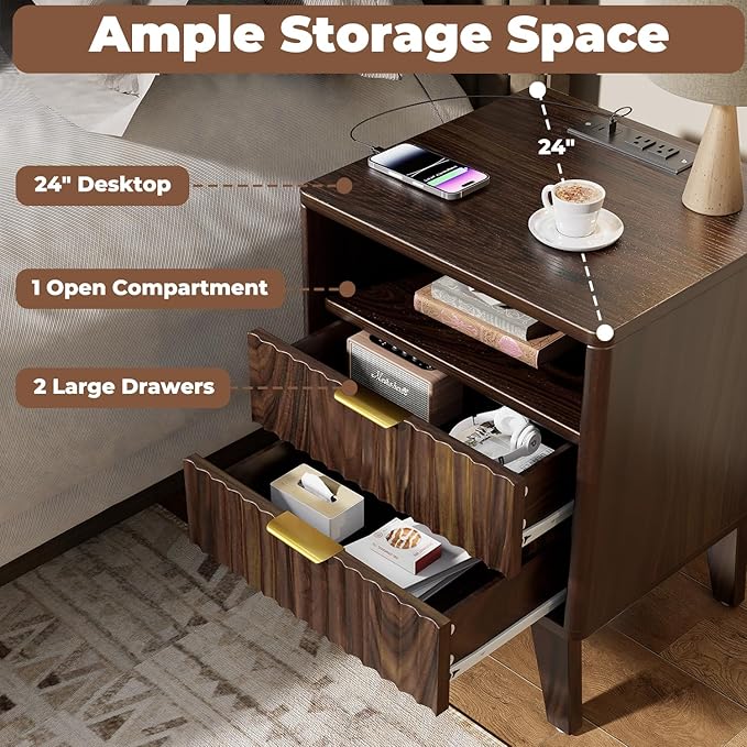 Nightstand Set of 2 with Charging Station, Modern Fluted 2 Drawers End Tables, Side Tables with Storage Shelf for Bedroom, Office, Walnut