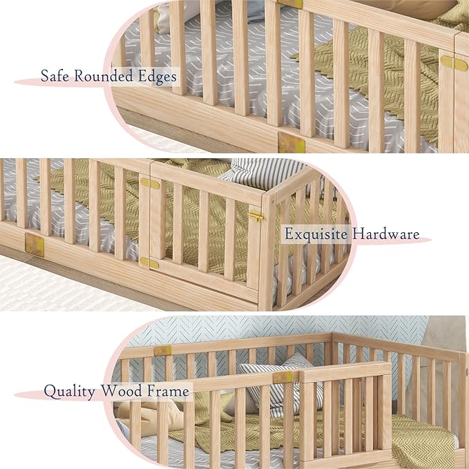 Tatub Twin Montessori Floor Bed with High Rails, Solid Wood Montessori Bed Frame for Kids, Door Can Install Left and Right, Twin-Nature