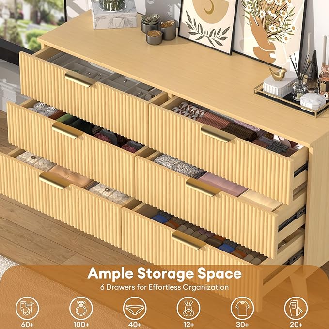 6 Drawer Dresser for Bedroom, 47" Wide Modern Chest of Drawers with Fluted Design, Dresser TV Stand, Boho Storage Wood Dresser Organizer for Living Room, Hallway, Closet, Entryway Natural