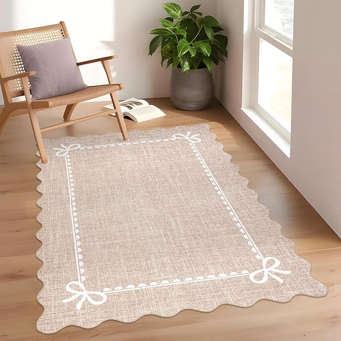 GarveeHome Scalloped Bow Rug for Living Room, Solid Camel Rug for Dorm, Washable Rugs 3x5 Soft Low Pile Non Slip Scalloped Rugs for Nursery Bedroom Decor Hallway Kids Room Playroom
