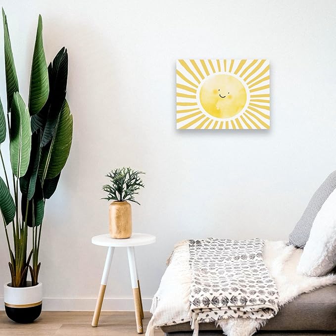 WODMIS Boho Sun Shunshine Wall Art, Cute Cartoon Smiling Watercolor Neutral Canvas Home Decor for Kids Baby Room Nursery Playroom, Yellow 11x14