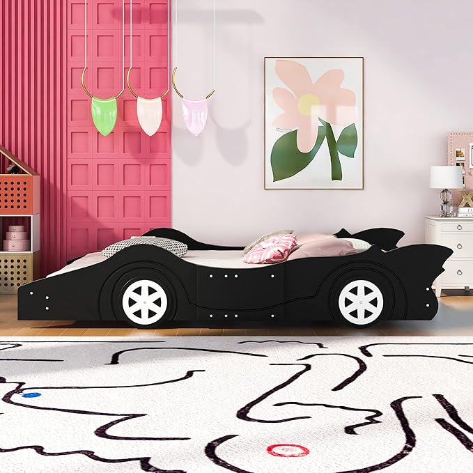 Full Size Race Car-Shaped Platform Bed Bedframe with Wheels, 87.4" L x 55.3" W x 16.1" H Black