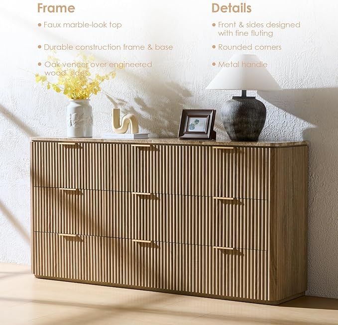 Fluted 9 Drawer Dresser for Bedroom, 63" Wide Modern Chest of Drawers with Faux Marble Top, Curved Corners Design, Wooden Dresser TV Stand with Organizer Storage for Living Room (Natural Oak, 63" W)