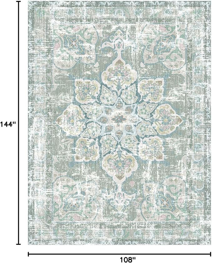 Vhong Boho Area Rugs Vintage Washable Neutral Modern Pale Green 9x12 Large Carpet for Farmhouse Living Room Dining Room Bedroom Non Slip