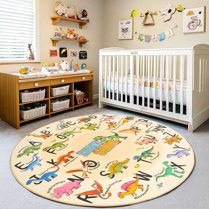 Kids Rugs for Playroom, 4'x4' Round Educational Rug for Learn The ABC Alphabet, Soft Machine Washable Non-Slip Cute Dinosaur Carpet for Classroom Toddler Nursery Kids Room Decor Mat, Beige
