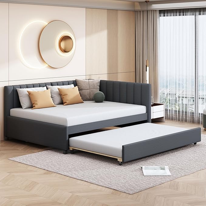 Harper & Bright Designs Full Size Upholstered Daybed with Trundle Sofa Bed Frame for Boys Girls Kids Adults Toddler No Box Spring Needed, Linen Fabric(Gray)