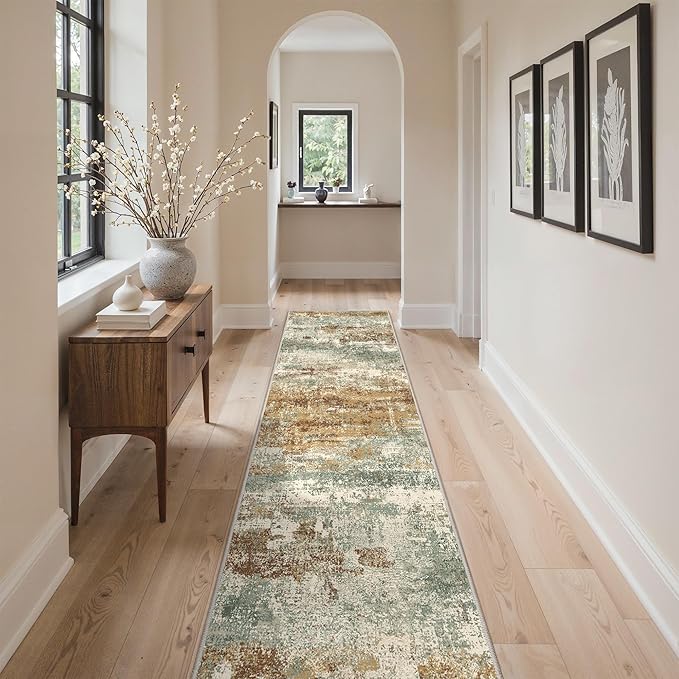 GENIMO Runner Rug Non Slip 2'6"x10', Washable Rug Runner for Hallways Kitchen, Abstract Modern Kitchen Rugs, Low Pile Lightweight Carpet Runners for Entryway, Bedroom, Laundry, Orange Green