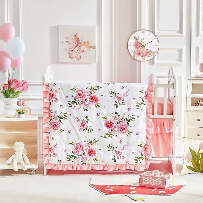 3 Pieces Flowers Mini Crib Bedding Set Baby Ruffled Quilted Comforter with Fitted Sheet and Bed Skirt - Cute Ruffled Shabby Chic Baby Bedding Soft Blanket Floral Design Only for Min Crib