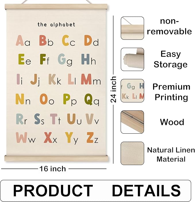 HRQKO Boho Alphabet Numbers Poster Hanger Frame Set of 2, Classroom Wall Decor, Abc Poster Wall Art with Wooden Frames, Alphabet Banner Wall Hanging Decor for Toddler Playroom Nursery, 16x24 inch