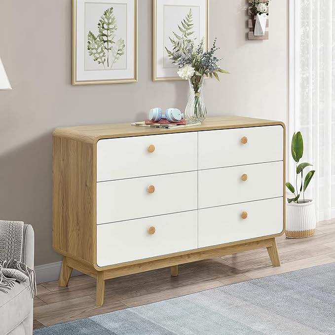 ELISA HOME Aries 6 Drawer Dresser for Bedroom, 47.3″ W Perfect for organizing Clothes, linens, or Accessories., Ideal for The Bedroom, Hallway, Nursery, or Living Room, Oak/White