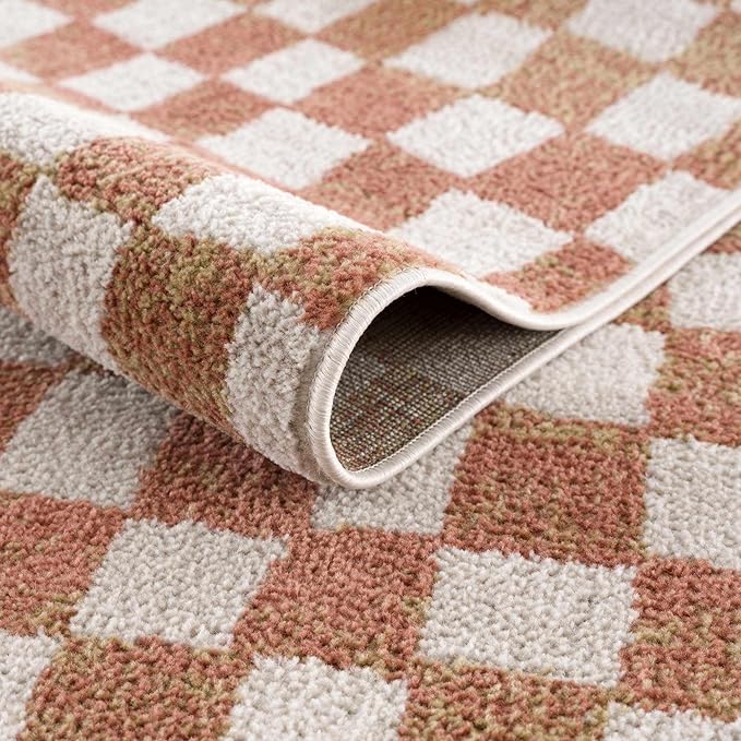 Hauteloom Pertek Modern Checkered Area Rug - Modern Geometric Carpet for Living Room, Kids Room, Nursery - Bohemian Boho Carpet - Cream, Beige, Light Red, Somon - 7'10" x 10'