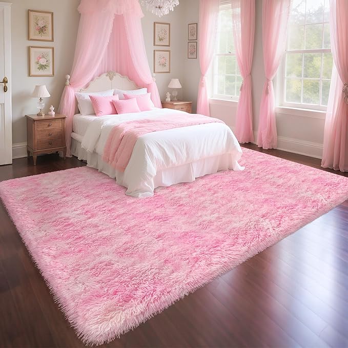 Fluffy Pink Rugs for Bedroom Girls Room, Large Plush Area Rug 6x9 Pink Shag Carpet for Bedroom Living Room, Soft Fuzzy Rug for Kids Room Bedside Nursery Playroom Dorm Home Decor