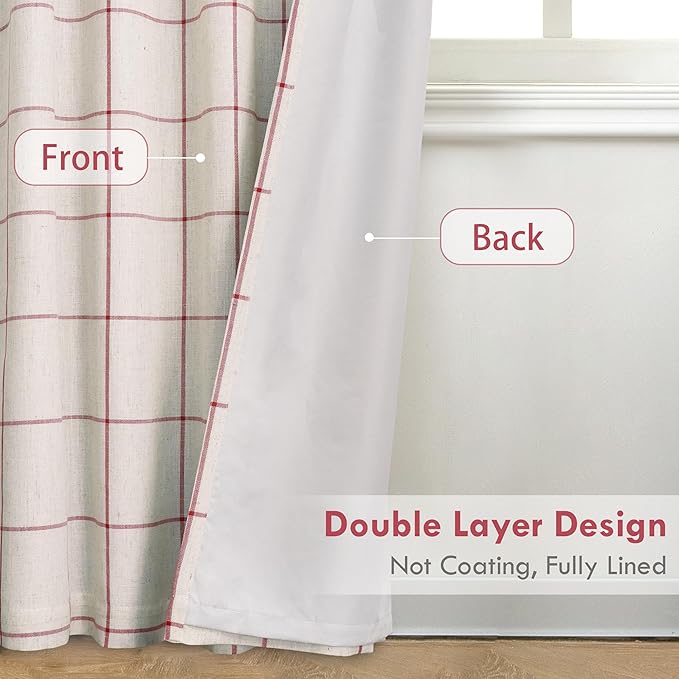 DriftAway 2 Panels 100% Blackout Windowpane Plaid Linen Curtains Double Layer Drapes for Bedroom 90 Inches Long Farmhouse Thermal Insulated 3.25 Inch Rod Pocket Back Tab for Living Room Red