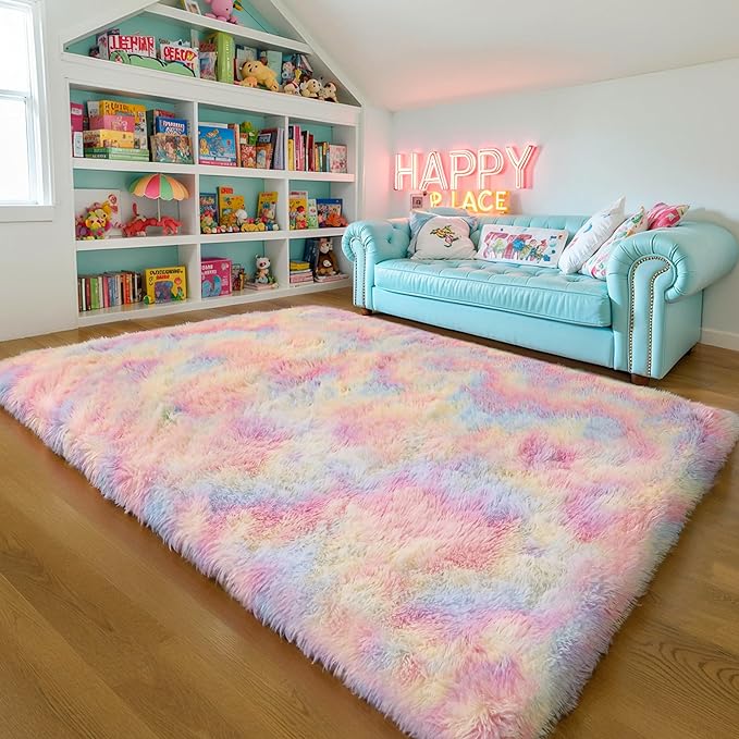 Thick Area Rug 6x9 Unicorn Fluffy Shag for Girls Bedroom Living Room, Rainbow Soft Plush Fuzzy Washable Thickened Non-Slip Shaggy Pastel Large Carpet for Princess Kids Nursery Boys Dorm Room