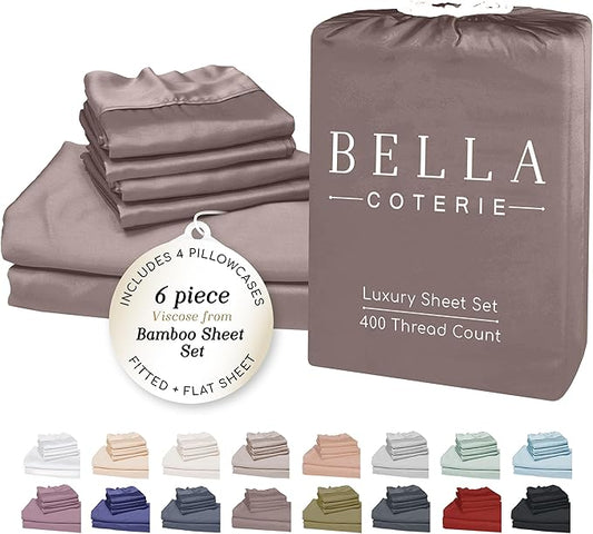 Bella Coterie 6 Piece Luxury Bamboo Viscose California King Size Sheet Set | 100% Organically Grown | Cooling for Hot Sleepers | 18" Deep Pocket | Soft & Hypoallergenic | 4 Pillowcases [Mocha]