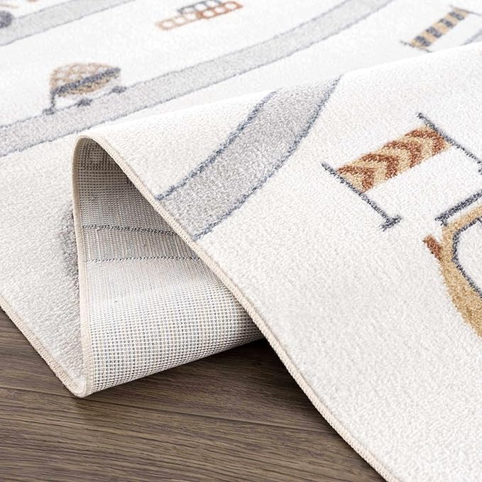 Hauteloom Olwen Kids Room, Nursery, Playroom Machine Washable Area Rug - Road, Construction Vehicles - Cream, Light Gray - 7'10" x 10'