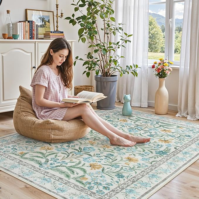 Lahome Blue 5x7 Area Rugs for Living Room, Boho Floral Washable Girls Bedroom Rug, Soft Retro Non-Slip Kids Nursery Carpet for Playroom Apartment Decor