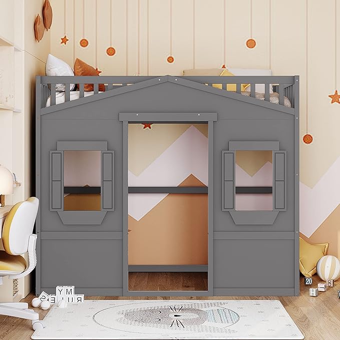 Twin Size Loft Bed with Safety Guardrail for Kids Boys Girls, Playhouse Design Solid Wood Loft Bed Frame with Ladder and Windows, Strong Wood Slats Support, Space-Saving (Gray)