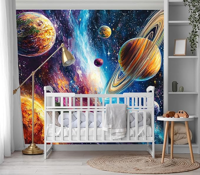 XMPMBM-Starry Sky Abstraction Art Graffiti Wallpaper Colorful Planets Nursery Room Boys Bedroom Bathroom Wall Mural- W 132" X H 92"（93 Square Foot）