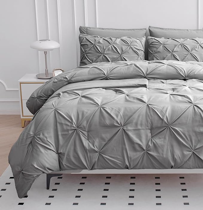 Lane Linen King Comforter Set, 7 Pieces - King Size Bed in a Bag, Pintuck Bedding Set with Sheets, Pillowcases & Shams - Silver