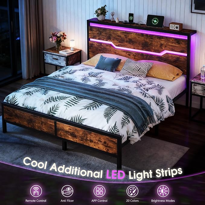 Queen Bed Frame with LED Lights & Charging Station, Bed Frame Queen Size with Headboard,13" Under Bed Storage, Noise-Free Heavy Duty Metal Support, Modern Brown