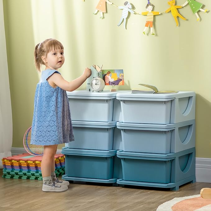 Qaba 3 Tier Kids Storage Unit, 6 Drawer Chest Toy Organizer Plastic Bins for Kids Bedroom Nursery Kindergarten Living Room for Boys Girls Toddlers, Blue
