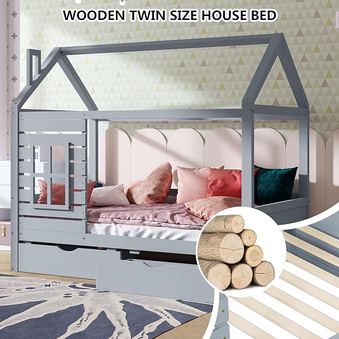 Aoowow Twin Size Kids House Bed with 2 Drawers, Wooden Twin Bed Frame with Window and Roof for Bedroom, Modern Twin Size Kid Playhouse Bed with Slats for Boys Girls, Can be Decorated, Grey