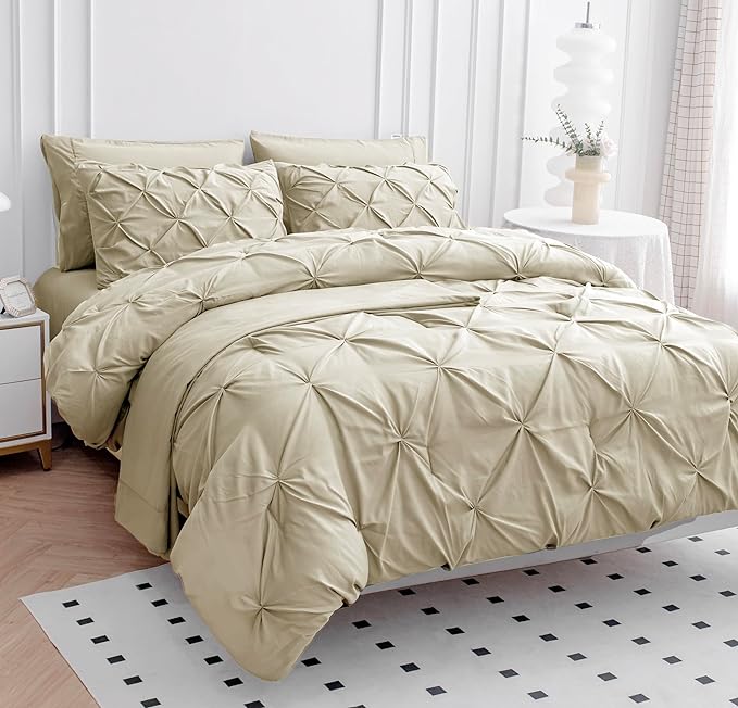 Lane Linen Queen Comforter Set with Sheets, 7 Piece Set, Pintuck Design, Soft Bedding, Bed Set - Linen